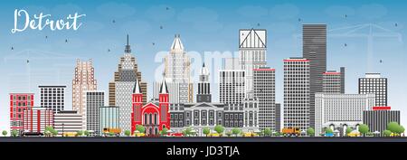 Toits de Detroit avec les immeubles gris et bleu ciel. vector illustration. Les voyages d'affaires et tourisme concept avec l'architecture moderne. Illustration de Vecteur