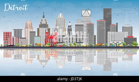 Toits de Detroit avec les bâtiments gris, ciel bleu et réflexions. vector illustration. Les voyages d'affaires et tourisme concept avec l'architecture moderne. Illustration de Vecteur