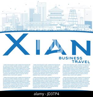 Xian contour bleu horizon avec les bâtiments et l'espace de copie. Vector Illustration. Les voyages d'affaires et tourisme Concept avec l'architecture historique. Illustration de Vecteur