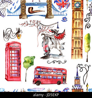 Modèle de Londres aquarelle illustration. Grande-bretagne : les symboles dessinés à la main, d'une cabine téléphonique rouge, Big Ben clock, drapeau de Grande-Bretagne, casque de policier, Banque D'Images