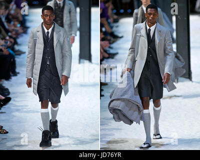 Milan, Italie. 18 Juin, 2017. La photo montre un modèle avant (L) et après le port de duvets jacket pendant qu'il marche la piste pour Moncler Gamme bleu au cours de Milan mode masculine Printemps/été 2018 à Milan, Italie, le 18 juin 2017. Le concept de la Moncler Gamme Bleu Printemps/été 2018 collection est basée sur la façon qu'elles puissent être facilement transféré. Credit : Jin Yu/Xinhua/Alamy Live News Banque D'Images