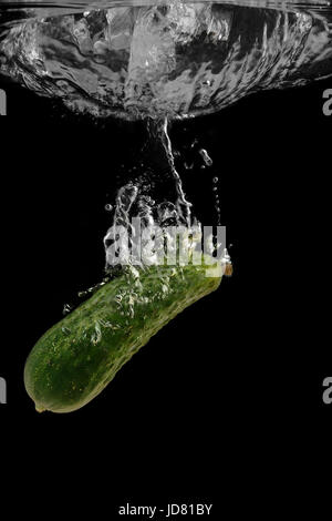 Le concombre dans l'eau avec des touches sur fond noir,water splash Banque D'Images