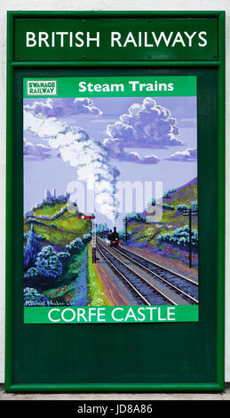 Vieux style années 50 British Railways affiche pour Corfe Castle sur le chemin de fer à vapeur de Swanage Banque D'Images