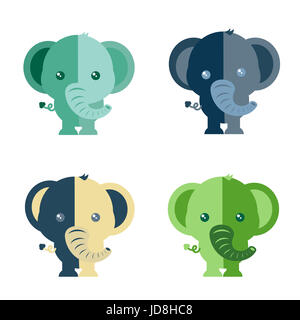 Funny cartoon de nombreux éléphants couleur illustration isolé sur fond blanc Banque D'Images