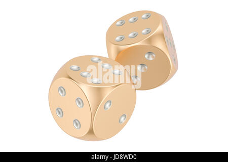 Golden dice, rendu 3D isolé sur fond blanc Banque D'Images