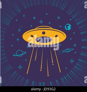 Illustration pour enfants OVNI dans le ciel étoilé. Icône, silhouette dans le style linéaire Illustration de Vecteur