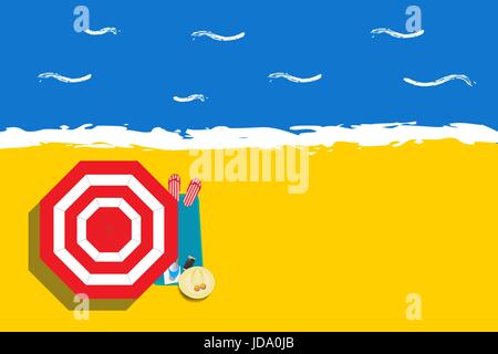 Parasol, chaise longue, bottes, chapeau de paille, lunettes et smart phone sont situés sur la plage vide. Illustration de Vecteur