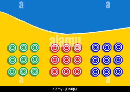 Vue du haut de plage plein de parasols colorés Illustration de Vecteur