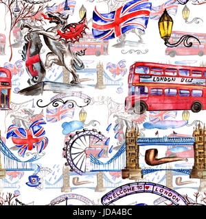 Modèle de Londres aquarelle illustration. Grande-bretagne : les symboles dessinés à la main, d'une cabine téléphonique rouge, Big Ben clock, drapeau de Grande-Bretagne, casque de policier, Banque D'Images