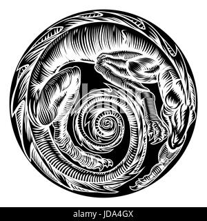 Un design original dragon circulaire dans un bois coupé style retro vinatge Banque D'Images