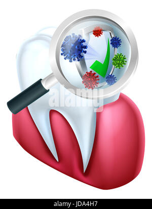 Un medical dental illustration d'une dent et la gencive protégés contre les bactéries par une protection accrue par une loupe Banque D'Images