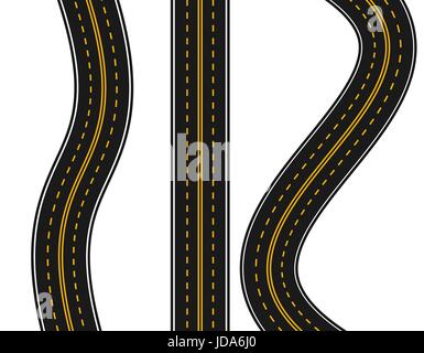 Ensemble de routes avec différents marquages blanc et jaune sur un fond blanc. Droit et avec tours. illustration. Illustration de Vecteur