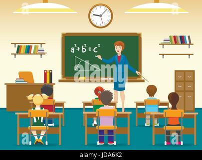 Salle de classe avec les jeunes, enseignante, école primaire petits garçons et filles. Les enfants assis en classe vector illustration Illustration de Vecteur