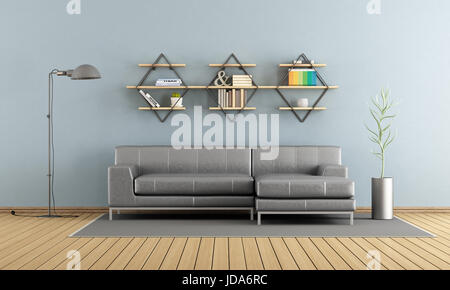 Salon moderne avec un canapé gris et des étagères sur le mur - le rendu 3D Banque D'Images
