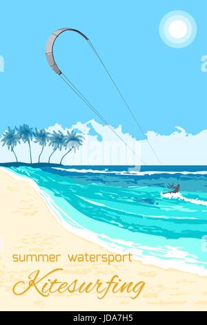 Kite en mer mer tropicale arrière-plan. Le Kitesurf ou flyerе affiche de l'été sports nautique Illustration de Vecteur