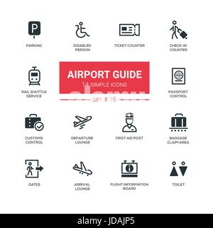 Guide des aéroports - moderne icônes simples, jeu de pictogrammes Illustration de Vecteur