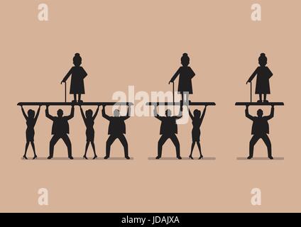 Ratio des travailleurs aux retraités en silhouette. Vieillissement de la population problème Illustration de Vecteur