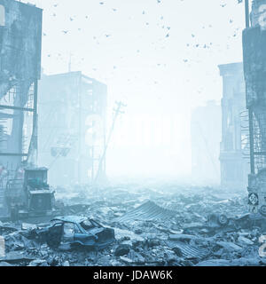 Ruines d'une ville dans le brouillard. Concept 3d illustration Banque D'Images