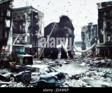 Mammouth géant détruit en ville. concept créatif. 3d concept. Bruit ajouté Banque D'Images