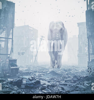L'éléphant géant dans la ville détruite. concept créatif. Mixte des médias. Bruit ajouté Banque D'Images