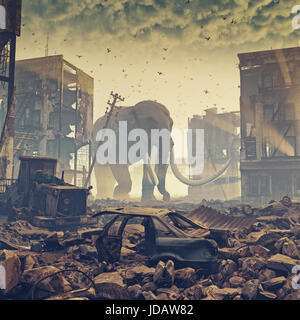 L'éléphant géant dans la ville détruite. concept créatif. 3d concept. Bruit ajouté Banque D'Images