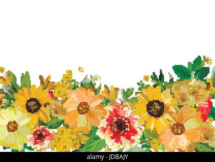 Jardin jaune rouge et orange divers collection de Daisy, cosmos fleur, fleurs de tournesol et de verdure isolé sur fond blanc. Élégant aquarelle Illustration de Vecteur