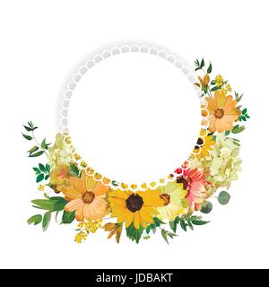 Cercle fleur fleurs couronne ronde jaune orange Dahlia Cosmos Tournesol feuille d'Eucalyptus belle belle branche automne été vector illustration squar Illustration de Vecteur