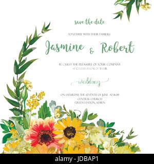 Couronne de fleurs orange jaune tournesol Dahlia Marguerite, de feuilles d'Eucalyptus très belle composition bouquet élégant Watercol carré d'illustration vectorielle Illustration de Vecteur