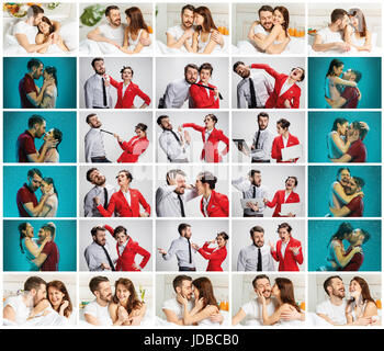 Le collage sur lifestile of young businessman and businesswoman avec différentes émotions au travail et à la maison. Amour et notion de carrière Banque D'Images