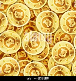 Beaucoup de pièces d'or brillant lumineux avec motif transparent, signe bitcoin Illustration de Vecteur