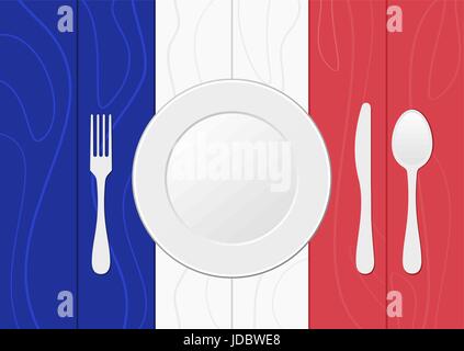 Fourchette, couteau, cuillère et plaque sur drapeau français sur bois de chêne, bleu, blanc, rouge. Réglage de la table pour le dîner. Concept de la cuisine française. Couverts, vaisselle Illustration de Vecteur