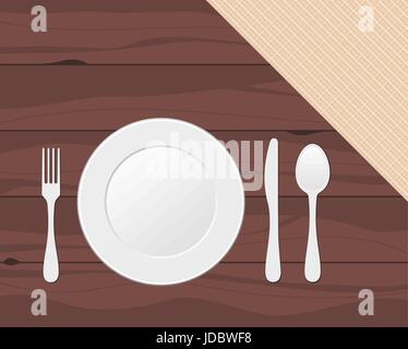 Fourchette, couteau, cuillère et plaque sur la texture en bois avec tissu en lin. Des couverts, de la vaisselle, des ustensiles de cuisine. Réglage de la table pour le dîner. Place. Vector Illustration de Vecteur