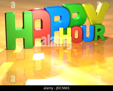 Mot happy hour sur fond jaune (image 3D haute résolution) Banque D'Images