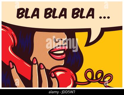 Style pop art comic book avec girl talking nonsense bla bla sur téléphone vintage gossip chatter en bulle vector illustration conception d'affiches Illustration de Vecteur