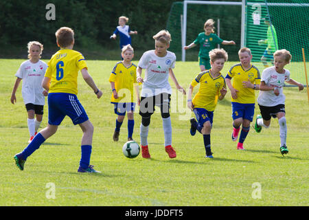 Mariehamn, Åland, la Finlande, le 19 juin 2017. Jeux de groupe Le deuxième jour de la coupe à Baltichallen Alandia en Mariehamn, Åland, la Finlande le 19 juin 2017. Plus de 1500 joueurs de plus de 100 équipes de jeunes de l'ensemble de la Suède et de la Finlande participe à la populaire tournoi de football d'été chaque année dans l'archipel finlandais. Sur la photo : JIK/IFFK (blanc) a attiré 1-1 avec Sibbo Vargarna Blå (jaune). Photo : Rob Watkins/Alamy News Banque D'Images