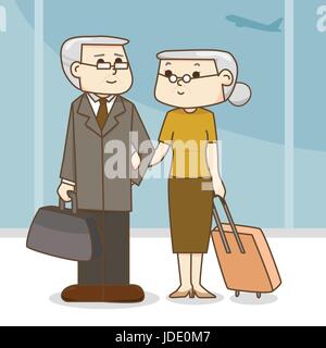 Vieux couple avec une valise dans l'aéroport. cartoon illustration Illustration de Vecteur