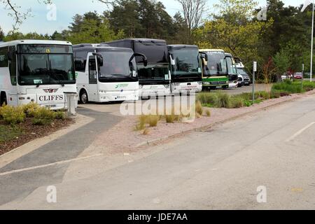 Wisley, Surrey, UK - 30 Avril 2017 : entraîneurs garés dans un parking attendent des passagers pour revenir Banque D'Images