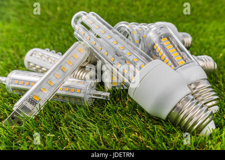 Différents types d'ampoules LED écologiques et économiques ( E27 forme semblable comme CFL ) dans l'herbe verte Banque D'Images