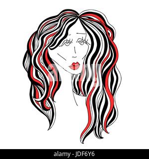 Femme triste avec de beaux cheveux et des lèvres rouges. Grafic croquis numérique style noir et blanc. Vector illustration. Illustration de Vecteur