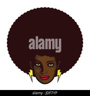 Femme noire avec les cheveux afro et un éclair boucles d'illustration vectorielle, déterminé groovy cool girl face Illustration de Vecteur