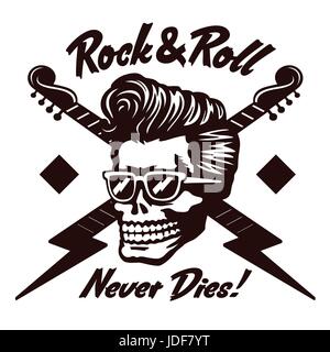 Rock'n'Roll ne meurt jamais ! Tête crâne zombie rockabilly avec faste hairstyle et lunettes de vector illustration Illustration de Vecteur