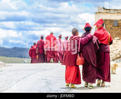 Groupe de jeunes moines tibétains dans le Sichuan - Chine Banque D'Images