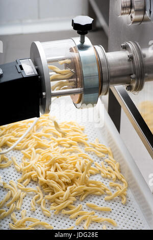 Machine automatique pour la fabrication des pâtes italiennes produisant des caserecce nouilles dans une vue en gros plan Banque D'Images
