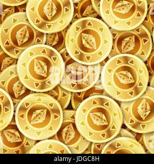 Beaucoup de pièces d'or brillant lumineux avec l'Ethereum signe, modèle sans couture Illustration de Vecteur