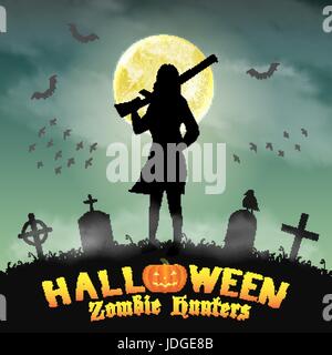 Chasseur de zombie halloween avec fusil en cimetière Illustration de Vecteur