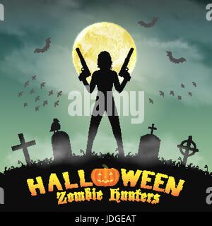 Chasseur de zombie halloween avec pistolet dans cimetière Illustration de Vecteur