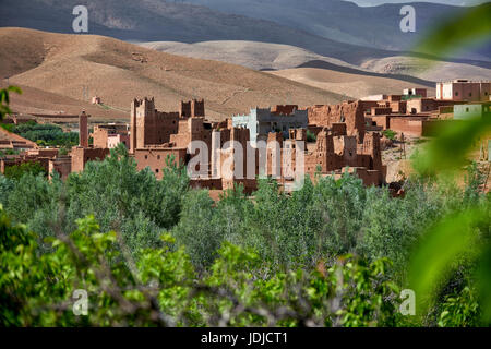 Village Aci Ouglif avec argile casbahs dans la vallée du Dadès avec les montagnes de haut Atlas derrière, Maroc, Afrique Banque D'Images