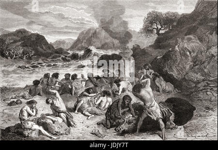 L'homme de Neandertal festoyer sur leur tuer à l'époque préhistorique. À partir de l'homme primitif, publié en 1870. Banque D'Images