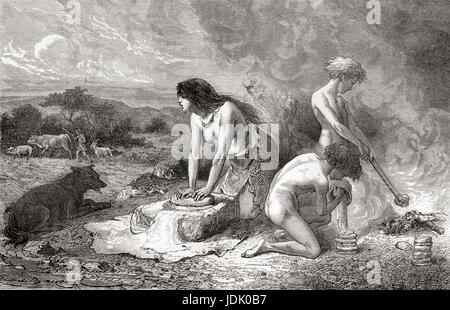 Faire du pain pendant l'âge néolithique aka New Stone Age ou l'âge de la pierre polie. À partir de l'homme primitif, publié en 1870. Banque D'Images