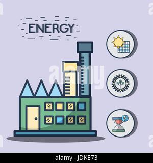 L'usine avec l'énergie solaire et les arbres symboles hourglass Illustration de Vecteur
